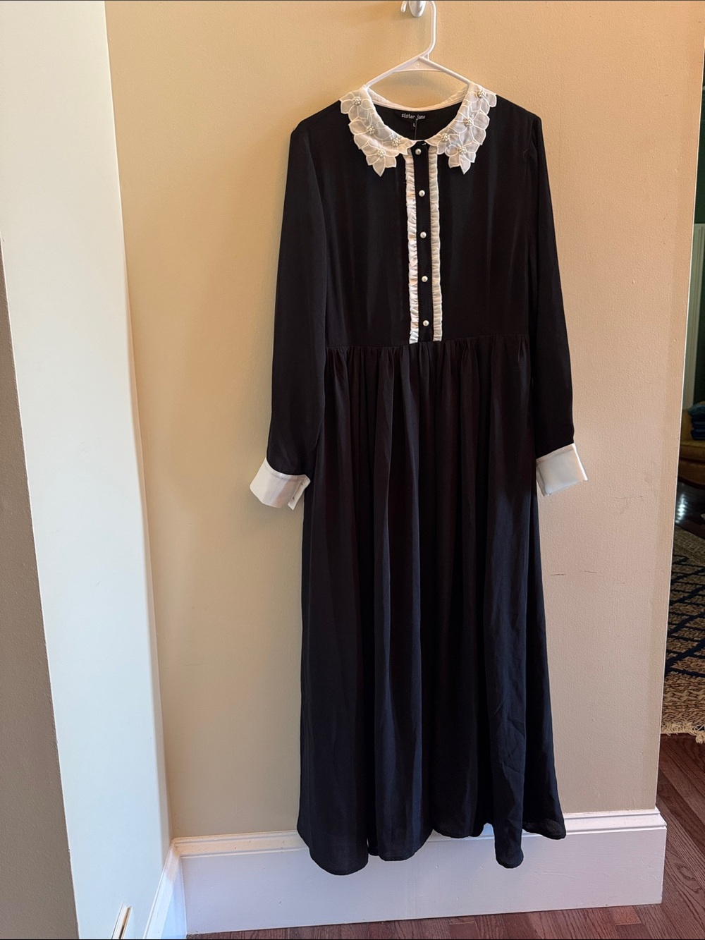 Sister Jane NWT L Black Maxi Dress Floral Pearl Collar Long Sleeve Cottagecore